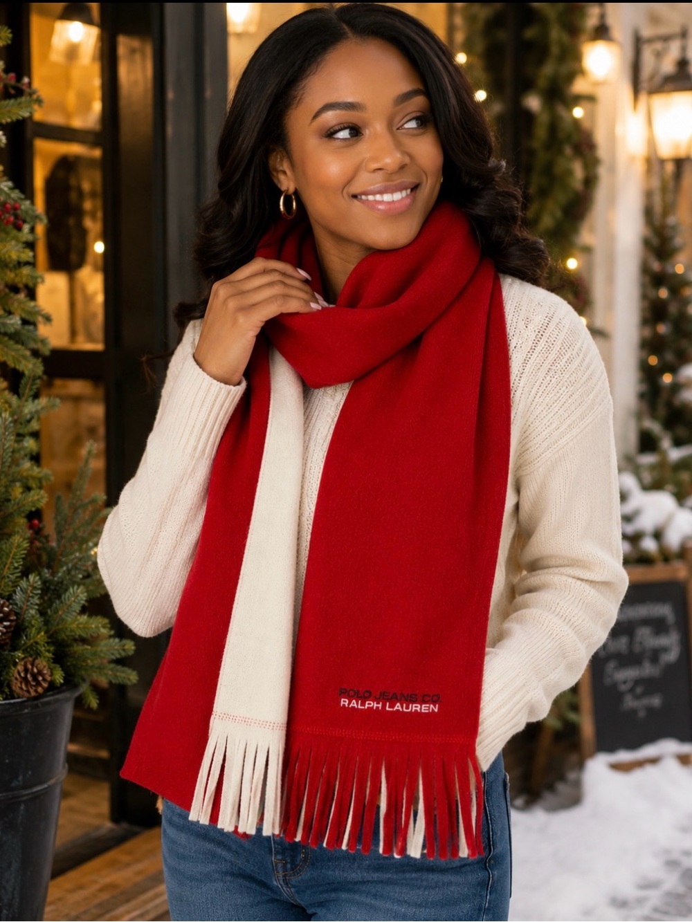 Polo by Ralph Lauren Red and Cream Reversible Fringe Scarf